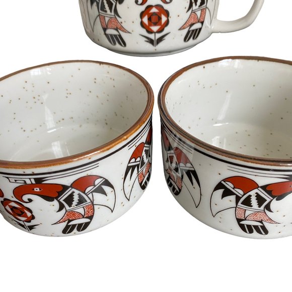 Vtg OMC Tiki Mid Mod Thunderbirds Otagiri Soup Stew Mugs Japanese Birds Aztec - Picture 4 of 16